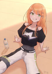 Rule 34 | 1girl, artist name, black shirt, blush, bottle, chahiro, covered navel, cropped shirt, gakuen idolmaster, green eyes, grin, hair ornament, hairclip, highres, idolmaster, long hair, looking at viewer, off-shoulder shirt, off shoulder, orange hair, pants, shirt, shiun sumika, sitting, smile, solo, t-shirt, water bottle, white pants