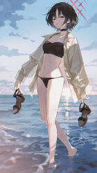 1girl absurdres bare_legs bikini black_bikini black_choker black_hair blue_archive brown_sandals choker highres holding holding_sandals looking_at_viewer maria_(maria_rose) misaki_(blue_archive) misaki_(swimsuit)_(blue_archive) navel ocean official_alternate_costume open_mouth parted_bangs pink_eyes sandals shirt short_hair soaking_feet solo stomach striped_clothes striped_shirt swimsuit vertical-striped_clothes vertical-striped_shirt yellow_shirt