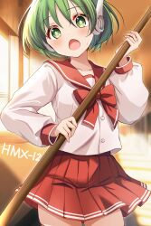 Rule 34 | 1girl, :o, absurdres, blurry, blurry background, blush, bow, bowtie, bright pupils, buttons, commentary request, cowboy shot, green eyes, green hair, hair between eyes, hand up, headgear, highres, holding, indoors, long sleeves, looking at viewer, miniskirt, multi (to heart), open mouth, pleated skirt, puffy long sleeves, puffy sleeves, red bow, red bowtie, red sailor collar, red skirt, robot ears, sailor collar, sakura mikan (chirizakura), school uniform, serafuku, shirt, short hair, skirt, solo, sunset, sweatdrop, tareme, to heart, to heart (series), white pupils, white shirt