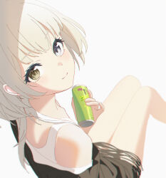 1girl bang_dream! bang_dream!_it&#039;s_mygo!!!!! black_shirt blue_eyes can chinese_commentary closed_mouth commentary_request feixiang_de_huojiren heterochromia holding holding_can kaname_raana looking_at_viewer medium_hair shirt simple_background solo tank_top white_background white_hair white_shirt white_tank_top yellow_eyes