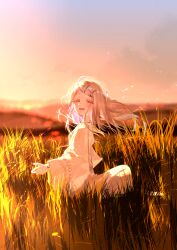 Rule 34 | 1girl, alternate costume, blonde hair, blush, colored eyelashes, commentary request, dnamaguro, field, floating hair, gakuen idolmaster, highres, idolmaster, long hair, looking at viewer, looking to the side, orange eyes, outdoors, robe, shinosawa hiro, sidelighting, smile, solo, sunset, swept bangs, very long hair, white robe