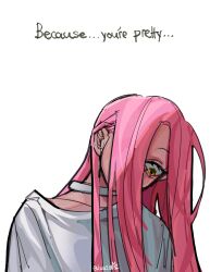 Rule 34 | 1girl, alien stage, choker, comic panel redraw, commentary, derivative work, english text, hair over one eye, hashtag-only commentary, highres, long hair, looking down, lucy21861, mizi (alien stage), one eye covered, pink hair, simple background, solo, white background, white choker, yellow eyes