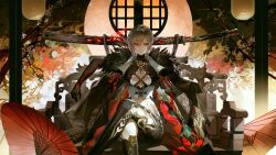 1girl absurdres alpha_(pgr) alternate_costume asymmetrical_legwear birthday breasts coat coat_on_shoulders crossed_legs fur-trimmed_coat fur_trim hair_between_eyes hetero highres looking_at_viewer lucia:_crimson_weave_(pgr) lucia:_crimson_weave_(tsubaki)_(pgr) medium_breasts official_alternate_costume official_art oil-paper_umbrella on_chair open_clothes punishing:_gray_raven red_eyes sitting solo stomach_tattoo sword tattoo umbrella weapon weapon_rack white_hair yanderenasa yellow_eyes