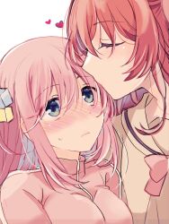Rule 34 | 2girls, blue eyes, blush, bocchi the rock!, bow, bowtie, breasts, brown sailor collar, brown shirt, closed eyes, closed mouth, commentary request, couple, cube hair ornament, dot nose, double-parted bangs, gotoh hitori, hair between eyes, hair ornament, hair over shoulder, heart, highres, jacket, kita ikuyo, large breasts, long bangs, long hair, long sidelocks, multiple girls, nose blush, pink bow, pink bowtie, pink hair, pink jacket, red hair, sailor collar, sango (sango3 3), school uniform, shirt, shuka high school uniform, sidelocks, simple background, sweatdrop, track jacket, upper body, white background, yuri