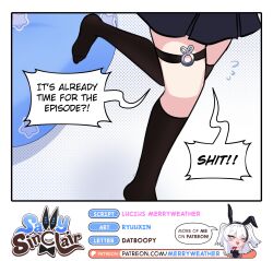 Rule 34 | 1girl, black skirt, black socks, black thighhighs, border, character name, commentary, english commentary, english text, flying sweatdrops, highres, kneehighs, merryweather, o-ring, o-ring thigh strap, original, profanity, ryuuxin, sally sinclair, single kneehigh, single sock, single thighhigh, skirt, socks, solo, speech bubble, talking, thigh strap, thighhighs, white border