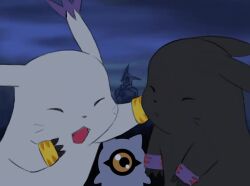 animated blacktailmon damaged digimon digimon_adventure_02 digimon_adventure_02:_diablomon_no_gyakushu fangs floating fusion gen_1_pokemon kuramon looking_at_another mas_square night night_sky nintendo omegamon open_mouth parody pikachu pokemon pokemon:_the_first_movie_-_mewtwo_strikes_back pokemon_(anime) pokemon_(classic_anime) sky slapping tailmon video