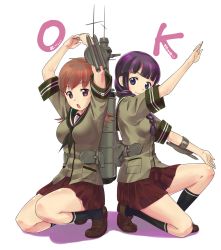 10s 2girls :o blue_eyes blunt_bangs blush braid brown_eyes brown_hair highres kantai_collection kitakami_(kancolle) kneehighs loafers long_hair multiple_girls oofuji_wataru ooi_(kancolle) personification purple_hair school_uniform shoes skirt smile socks spelling squatting twin_braids