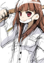 Rule 34 | 00s, 1girl, banchou, bokken, bousouzoku, brown hair, clothes writing, coat, delinquent, female focus, gotou yuuko, gotouza, gottouza, hand on own hip, long hair, looking at viewer, lucky star, simple background, sketch, solo, sword, tokkoufuku, weapon, white background, wooden sword, yamane masato