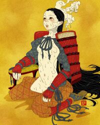 1girl absurdres armor artist_logo black_hair breasts commentary english_commentary full_body highres japanese_armor logo long_hair navel no_nipples no_pants open_mouth original sei5osuzuki shoulder_armor sitting solo sweat very_long_hair wariza
