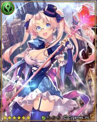 1girl blue_eyes blue_thighhighs breasts cleavage frilled_skirt frills glasses hat holding holding_staff large_breasts long_hair magical_girl miranda_(magical_girl)_(shingeki_no_bahamut) miranda_(shingeki_no_bahamut) official_art shingeki_no_bahamut skirt smile staff thighhighs top_hat twintails