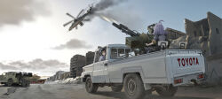 2girls absurdres acerola_(pokemon) aircraft anti-aircraft anti-aircraft_gun attack_helicopter black_hair creatures_(company) firing game_freak gun hat heavy_machine_gun helicopter highres hime_cut machine_gun military military_vehicle motor_vehicle multiple_girls nighttsound nintendo pokemon pokemon_sm pokemon_sv poppy_(pokemon) purple_hair tank technical toyota_land_cruiser wasteland weapon