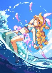 1girl bikini blonde_hair blue_bikini braid bright_pupils cloud fishnets hair_ribbon low_twintails ocean original oyuzaki_(ayuzaki) pixel_art ribbon riding sky summer swimsuit twin_braids twintails