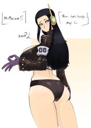1girl absurdres black_hair blue_eyes breasts cleavage closed_mouth cropped_jacket cupperexe gloves highres huge_breasts jacket large_breasts leather leather_jacket long_hair nico_robin nico_robin_(egghead) ok_sign one_piece white_background