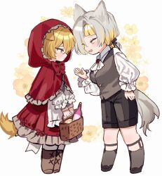 1boy 1girl alcohol animal_ears ascot basket black_footwear black_ribbon black_shorts blonde_hair bow brown_flower brown_footwear dog_ears dog_tail dress floral_background flower frilled_dress frilled_shirt frilled_skirt frills gem grey_eyes grey_socks grey_vest highres holding holding_basket holding_money kromer_(project_moon) legwear_garter light_blush limbus_company little_red_riding_hood_(fairy_tale) migishita money project_moon red_bow red_dress red_gemstone ribbon shirt shorts sinclair_(project_moon) single_tooth skirt socks sweatdrop tail vest white_ascot white_background white_shirt white_sleeves wine wolf_ears wolf_tail yellow_eyes