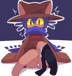 1girl animal_ear_headwear animal_ears black_pantyhose blue_background blue_hair blue_scarf cat_girl colored_sclera crepix fake_animal_ears fang flying_sweatdrops furry furry_female genderswap genderswap_(mtf) hair_between_eyes half-spread_pussy hat long_sleeves niko_(oneshot) oneshot_(game) open_mouth outline panties panties_around_leg pantyhose pantyhose_around_one_leg pussy scarf sitting sleeves_past_wrists solo spread_pussy spreading_another&#039;s_pussy surprised uncensored underwear white_outline yellow_sclera