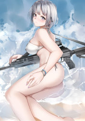 1girl absurdres beach bikini breasts defy_(girls&#039;_frontline) female_focus girls&#039;_frontline gun highres layered_bikini light_machine_gun looking_at_viewer lubikaya lying machine_gun purple_eyes rpk rpk-16 rpk-16_(girls&#039;_frontline) short_hair silver_hair solo swimsuit weapon