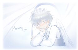 Rule 34 | 1boy, alternate eye color, alternate sleeve length, angel, angel wings, antenna hair, black hair, black sweater vest, blush, collared shirt, halo, hapr (noneprice), long sleeves, looking at viewer, male focus, omori, parted lips, shirt, short hair, smile, solo, sunny (omori), sweater vest, upper body, white eyes, white shirt, wings
