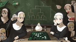 Rule 34 | 6+girls, :p, ^ ^, beak, bird, blonde hair, blue eyes, board game, bowl, brown hair, can, chalk, chalkboard, cheating (competitive), chicken, clinging, closed eyes, clumsy nun (diva), commentary, crown, diva (hyxpk), doll, duck, elbow rest, english commentary, flower, food, food in mouth, food on face, frog, frown, fruit, glasses, glasses nun (diva), grey eyes, grey hair, habit, hair flower, hair ornament, hairclip, hand on own face, highres, holding, holding bowl, holding can, hourglass, hungry nun (diva), little nuns (diva), looking down, looking to the side, marker, mole, mole under eye, mole under mouth, mouth hold, multiple girls, nervous sweating, nun, open mouth, ostrich, ragequit, red eyes, red hair, reversi, scared, shadow, slice of life, smug, smug nun (diva), spicy nun (diva), strict nun (diva), string phone, sweat, sweatdrop, table flip, tongue, tongue out, tournament bracket, traditional nun, u u, watermelon, yellow eyes