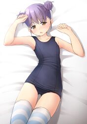 Rule 34 | 1girl, bare arms, bare shoulders, bed sheet, blue one-piece swimsuit, blush, brown eyes, collarbone, commentary request, double bun, gluteal fold, hair bun, highres, looking at viewer, lying, old school swimsuit, on back, one-piece swimsuit, open mouth, original, purple hair, school swimsuit, shibacha, solo, striped clothes, striped thighhighs, swimsuit, thigh gap, thighhighs