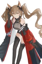 1girl absurdres angelina_(arknights) animal_ears arknights arknights:_endfield bare_shoulders belt black_gloves black_thighhighs bracelet breasts brown_hair coat commentary diamond-shaped_pupils diamond_(shape) dress elbow_gloves fox_ears fox_girl gilberta_(arknights) gloves grey_dress hand_in_own_hair hand_up headgear high_belt highres infection_monitor_(arknights) jewelry leaning_forward long_hair looking_at_viewer medium_breasts off-shoulder_dress off_shoulder orange_eyes red_coat shizuyumemi simple_background solo strapless strapless_dress symbol-shaped_pupils thighhighs twintails white_background