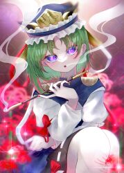 1girl 72mikan_1687 :o black_skirt blowing_smoke blue_eyes blue_hat blue_vest blurry blurry_background bow colored_tips commentary_request epaulettes feet_out_of_frame flower frilled_hat frills green_hair hat highres holding holding_smoking_pipe kiseru long_sleeves looking_at_viewer multicolored_hair open_mouth pantyhose red_bow red_flower red_hair ribbon-trimmed_skirt ribbon_trim shiki_eiki shirt short_hair sitting skirt sleeve_bow smoke smoking smoking_pipe solo spider_lily touhou vest watermark watermark_grid white_pantyhose white_shirt