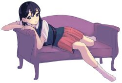 Rule 34 | 1girl, black hair, blue sweater vest, collared shirt, commentary, couch, dendenmushi1064, double-parted bangs, english commentary, full body, hair behind ear, hair between eyes, hand rest, highres, knees together feet apart, long hair, looking at viewer, lying, mari (faraway) (omori), mari (omori), medium skirt, no shoes, omori, on couch, on side, parted lips, pleated skirt, purple eyes, red skirt, shirt, short sleeves, sidelighting, simple background, sitting, skirt, socks, solo, sweater vest, white background, white shirt, white socks, yokozuwari