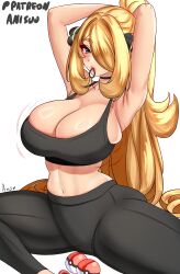 1girl alternate_breast_size anisdrawn armpits arms_up bare_shoulders black_leggings black_sports_bra blonde_hair blush breasts cleavage closed_mouth cynthia_(pokemon) grey_eyes hair_ornament hair_over_one_eye hair_tie hair_tie_in_mouth highres large_breasts leggings long_hair looking_at_viewer midriff mouth_hold navel nintendo pants poke_ball poke_ball_(basic) pokemon pokemon_dppt ponytail simple_background solo sports_bra sportswear stomach tying_hair very_long_hair white_background yoga_pants