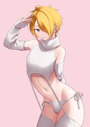 1boy absurdres androgynous bare_shoulders blonde_hair bulge contrapposto crossdressing detached_sleeves hair_over_one_eye highres idolmaster idolmaster_side-m male_focus meme_attire navel omiyacha panties purple_background purple_eyes salute side-tie_panties solo stomach thighs trap tsukumo_kazuki tsurime turtleneck underwear virgin_destroyer_sweater