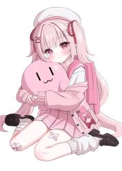 1girl absurdres backpack bag bandaged_leg bandages bandaid bandaid_on_knee bandaid_on_leg beret blush cardigan closed_mouth cross-shaped_pupils full_body hair_ornament hair_ribbon hairclip hat highres hiyayo25 indie_virtual_youtuber loafers long_hair long_sleeves looking_at_viewer pink_cardigan pink_eyes pink_hair pleated_skirt ribbon ruruka_(vtuber) school_uniform shoes simple_background sitting skirt sleeves_past_wrists smile socks solo symbol-shaped_pupils twintails virtual_youtuber wariza white_background white_shoes