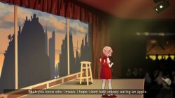 Rule 34 | 1girl, blonde hair, collared shirt, commentary, english text, eyewear on head, flandre scarlet, fourth wall, highres, holding, holding microphone, mary janes, microphone, one side up, pointy ears, puffy short sleeves, puffy sleeves, red eyes, red skirt, red vest, shirt, shoes, short hair, short sleeves, silhouette, skirt, socks, stage, stage lights, stool, symbol-only commentary, touhou, vest, white shirt, wings, yoruny