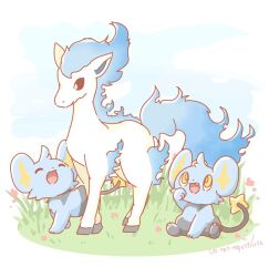 :d ^_^ alternate_color animal_focus asakoline blue_fire blue_fur blue_sky closed_eyes cloud commentary dot_nose english_commentary fang fire gen_1_pokemon gen_4_pokemon horse nintendo no_humans on_grass open_mouth pokemon pokemon_(creature) ponyta shinx shiny_pokemon sitting sky smile tail yellow_eyes