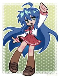 1girl :3 :d absurdres ahoge arm_up artist_name blue_hair border brown_shoes brown_socks clenched_hand deformed full_body green_background green_eyes hair_between_eyes highres izumi_konata kneehighs lace lace_border loafers long_hair long_sleeves looking_at_viewer lucky_star neckerchief open_mouth ornate_border outline pink_neckerchief polka_dot polka_dot_background red_skirt ryouou_school_uniform satokocel school_uniform shirt shoes sidelocks skirt smile socks solo twitter_username very_long_hair white_border white_outline white_shirt