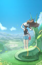 1girl arm_up asamaru1225 bag black_vest blue_shorts cloud day falling_leaves flower gen_5_pokemon grass hat highres hilda_(pokemon) leaf nintendo outdoors pink_bag pokemon pokemon_(creature) pokemon_bw serperior shirt short_shorts shorts shoulder_bag sky sleeveless sleeveless_shirt standing vest white_hat