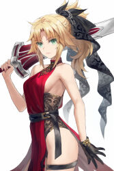 1girl absurdres bare_shoulders belt black_gloves blonde_hair braid breasts clarent_(fate) closed_mouth dress fate/apocrypha fate_(series) gloves green_eyes hair_ribbon half_up_braid highres long_hair looking_at_viewer mordred_(fate) mordred_(fate/apocrypha) parted_bangs ponytail red_dress ribbon sideboob sidelocks small_breasts solo sword thigh_strap thighs tonee weapon