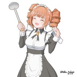 1girl absurdres apron birthday black_dress breasts closed_eyes dated dress drill_hair highres holding holding_ladle idolmaster idolmaster_(classic) juliet_sleeves ladle long_sleeves maid maid_apron maid_headdress nillis open_mouth orange_brooch orange_hair puffy_sleeves simple_background smile solo standing takatsuki_yayoi twin_drills twitter_username white_apron white_background white_headdress