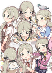 1girl :d :o animal animal_on_head bird bird_on_head blush bow brown_eyes brown_hair character_name closed_mouth dot_nose hair_ribbon handa_roco headphones headphones_around_neck idolmaster idolmaster_million_live! idolmaster_million_live!_theater_days kuresuku_(lessons) long_hair looking_at_viewer multiple_views official_alternate_costume official_alternate_hairstyle on_head open_mouth parted_bangs pigeon polka_dot polka_dot_bow ribbon side_ponytail sidelocks simple_background smile twintails wavy_mouth white_background