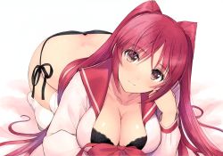 Rule 34 | 1girl, absurdres, all fours, bed sheet, black bra, black panties, black ribbon, bow, bra, breasts, brown eyes, brown hair, butt crack, cleavage, collarbone, dimples of venus, female focus, front-hook bra, hand on own cheek, hand on own face, hanging breasts, head rest, head tilt, heart, heart-shaped pupils, highres, kousaka tamaki, lace, lace-trimmed bra, lace trim, large breasts, long hair, long sleeves, looking at viewer, md5 mismatch, open clothes, open shirt, panties, red bow, red hair, resized, ribbon, sailor collar, scan, school uniform, serafuku, shirt, side-tie panties, simple background, smile, solo, symbol-shaped pupils, to heart (series), to heart 2, tony taka, twintails, underwear, upscaled, very long hair, white background, white shirt