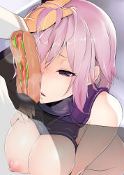 Rule 34 | 1girl, bad id, bad pixiv id, breasts, censored, fate/grand order, fate (series), fellatio, heart, heart-shaped pupils, highres, hot dog, kurowa, large breasts, mash kyrielight, mash kyrielight (demi-servant), nipples, oral, out of frame, penis hot dog, pink hair, sexually suggestive, solo focus, symbol-shaped pupils