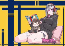 1977_oj3 1girl :3 absurdres alternate_costume bandaged_head bandaged_leg bandages black_hoodie blue_background breasts brown_hair character_doll closed_mouth commander_(nikke) commentary_request diamond_hairband elegg_(nikke) full_body goddess_of_victory:_nikke grey_hair headphones highres holding holding_magazine hood hoodie large_breasts leg_ribbon leg_warmers long_hair looking_at_viewer magazine_(object) military_uniform modernia_(nikke) on_pillow pink-framed_eyewear pink_leg_warmers red_eyes ribbon sitting smile solo stirrup_legwear thick_thighs thigh_ribbon thighs toeless_legwear two-tone_background wariza yellow_background