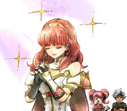 1boy 2girls armor black_gloves boey_(fire_emblem) breastplate cape celica_(fire_emblem) choker closed_eyes dark_skin dress earrings fingerless_gloves fire_emblem fire_emblem_echoes:_shadows_of_valentia gloves jewelry kicdon long_hair mae_(fire_emblem) multiple_girls nintendo orange_hair own_hands_clasped own_hands_together pink_armor pink_hair princess red_hair short_hair solo_focus star_(symbol) tiara twintails white_armor white_dress white_gloves white_hair