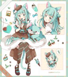 1girl absurdres animal_ear_fluff animal_ears blunt_bangs blush border borrowed_character bow bowtie brown_shoes brown_thighhighs candy cat_ears cat_girl cat_tail chibi closed_mouth commentary commission cup cupcake dress food full_body fur-trimmed_dress fur_trim green_border green_bow green_bowtie green_dress green_eyes green_hair highres holding holding_candy holding_food holding_lollipop leaf lollipop long_hair looking_at_viewer milkshake mint_chocolate multiple_views open_mouth original outside_border shoes short_sleeves skeb_commission smile standing striped_clothes striped_thighhighs tail thighhighs tsukiyo_(skymint) white_background