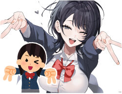 1girl black_eyes black_hair black_jacket blazer blush bow bowtie breasts commentary double_v gyaru_v hashtag-only_commentary haze_(ohw8g) highres irasutoya jacket large_breasts looking_at_viewer one_eye_closed open_clothes open_jacket open_mouth original photo-referenced red_bow red_bowtie shirt short_hair simple_background smile solo v white_background white_shirt wolf_cut