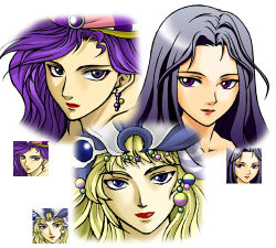 1980s_(style) 3girls bandana black_eyes black_hair blonde_hair blue_eyes earrings female_focus final_fantasy final_fantasy_ii headdress hilda_(ff2) hyoushin jewelry leila lipstick long_hair lowres makeup maria_(ff2) multiple_girls retro_artstyle purple_eyes purple_hair retro_artstyle
