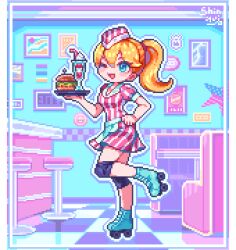 1girl ;d american_flag american_flag_print apron blonde_hair blue_eyes blue_footwear booth_seating burger carhop checkered_floor commentary_request diner double-parted_bangs dress flag_print floating_clothes food hair_between_eyes hand_on_own_hip holding holding_tray knee_pads leg_up milkshake one_eye_closed open_mouth original partial_commentary pixel_art ponytail roller_skates shinku_castle skates smile solo star_(symbol) stool striped_clothes striped_dress tray vertical-striped_clothes vertical-striped_dress waist_apron waitress