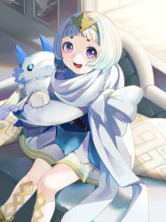 1girl absurdres blue_hair cape character_doll commentary_request fire_emblem fire_emblem_heroes gradient_hair highres ikura_(downdexp) looking_at_viewer multicolored_hair nifl_(fire_emblem) nintendo open_mouth pillow purple_eyes signature sitting smile solo tiara two-tone_hair white_cape white_hair ylgr_(fire_emblem)