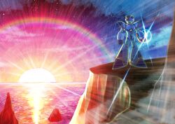 1boy absurdres android arm_cannon armor commentary_request first_armor_x_(mega_man) forehead_jewel glint helmet hi-go! highres male_focus mega_man_(series) mega_man_x1 mega_man_x_(series) ocean solo sunset weapon white_armor white_helmet wide_shot x_(mega_man)