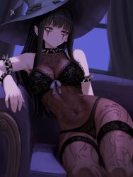 1girl absurdres armlet bare_shoulders black_bra black_hair black_hat black_panties bodystocking bra bracelet breasts closed_mouth collar couch grey_eyes hat highres indoors jewelry lace lace-trimmed_bra lace-trimmed_panties lace_trim large_breasts leaning_to_the_side long_hair makeup on_couch original panties runny_makeup see-through_bodystocking sitting solo spiked_armlet spiked_bracelet spiked_collar spikes thigh_strap underwear very_long_hair yan_kodiac