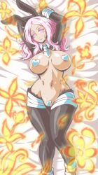 1girl absurdres animal_ears areola_slip arms_up blue_necktie breasts breasts_apart cameltoe closed_mouth commentary commission dark-skinned_female dark_skin en&#039;en_no_shouboutai english_commentary fake_animal_ears fur-trimmed_sleeves fur_trim glowing glowing_eyes heart_maebari heart_pasties hibana_(enen_no_shoubotai) highres large_breasts lewdamone long_sleeves looking_at_viewer lying maebari meme_attire navel necktie on_back pasties pink_hair rabbit_ears reverse_bunnysuit reverse_outfit shrug_(clothing) smirk solo symbol-shaped_pupils torn_clothes v-shaped_eyebrows