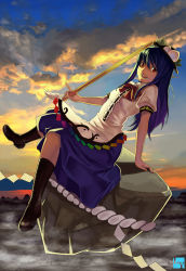 1girl absurdres bad_id bad_pixiv_id blue_hair club3 female_focus food fruit hat hat_tip highres hinanawi_tenshi kaname-ishi long_hair peach red_eyes rope shimenawa solo sunset sword sword_of_hisou touhou weapon