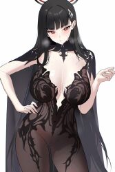1girl alternate_costume ateoyh black_dress black_hair black_halo blue_archive bodystocking breasts chronopattern_dress dress hair_ornament halo highres huge_breasts meme_attire non-web_source red_eyes ringed_eyes rio_(blue_archive) solo
